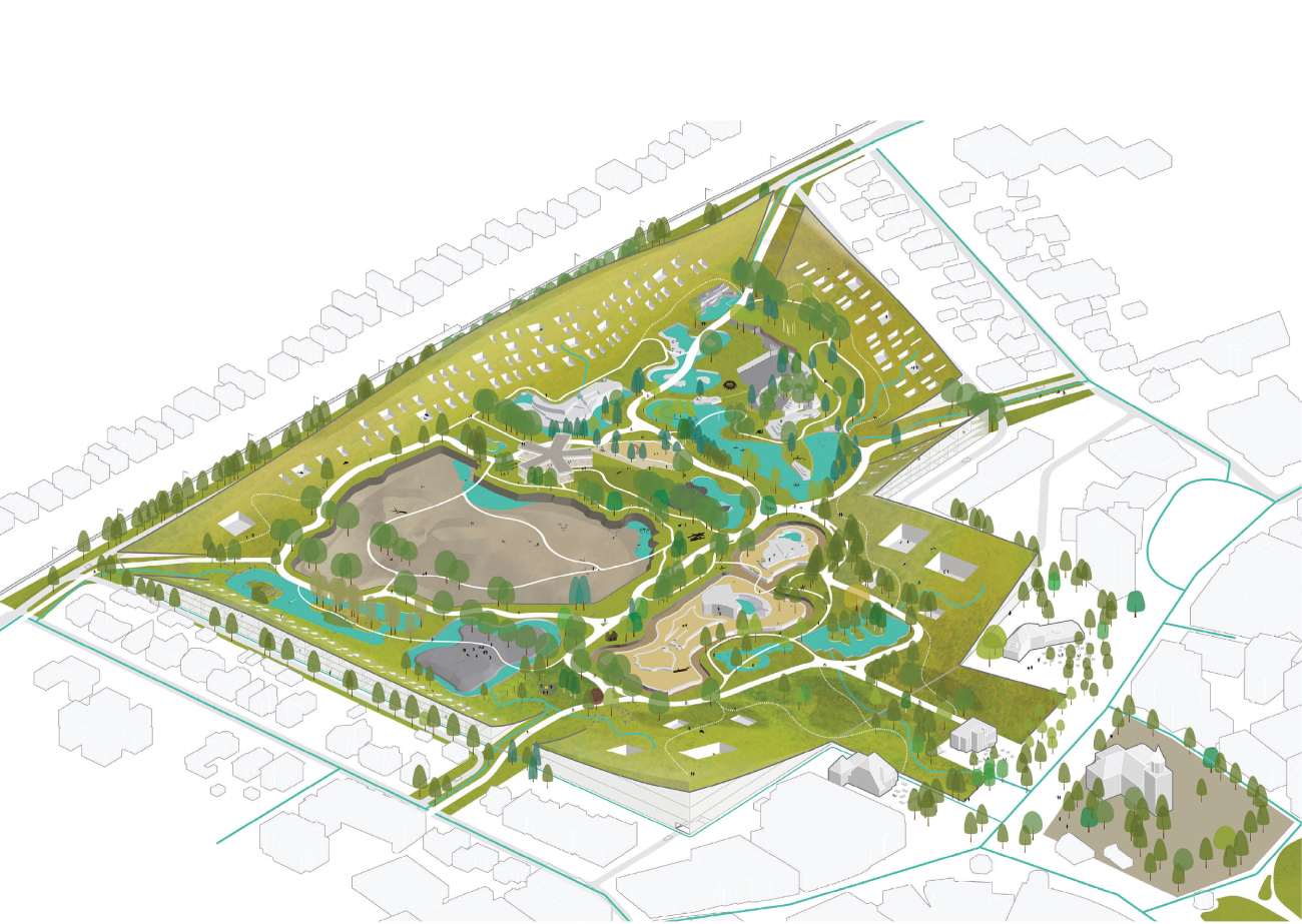 Overzicht ontwerpvoorstel: Isometrische projectie, zicht vanuit het noordwesten richting het park