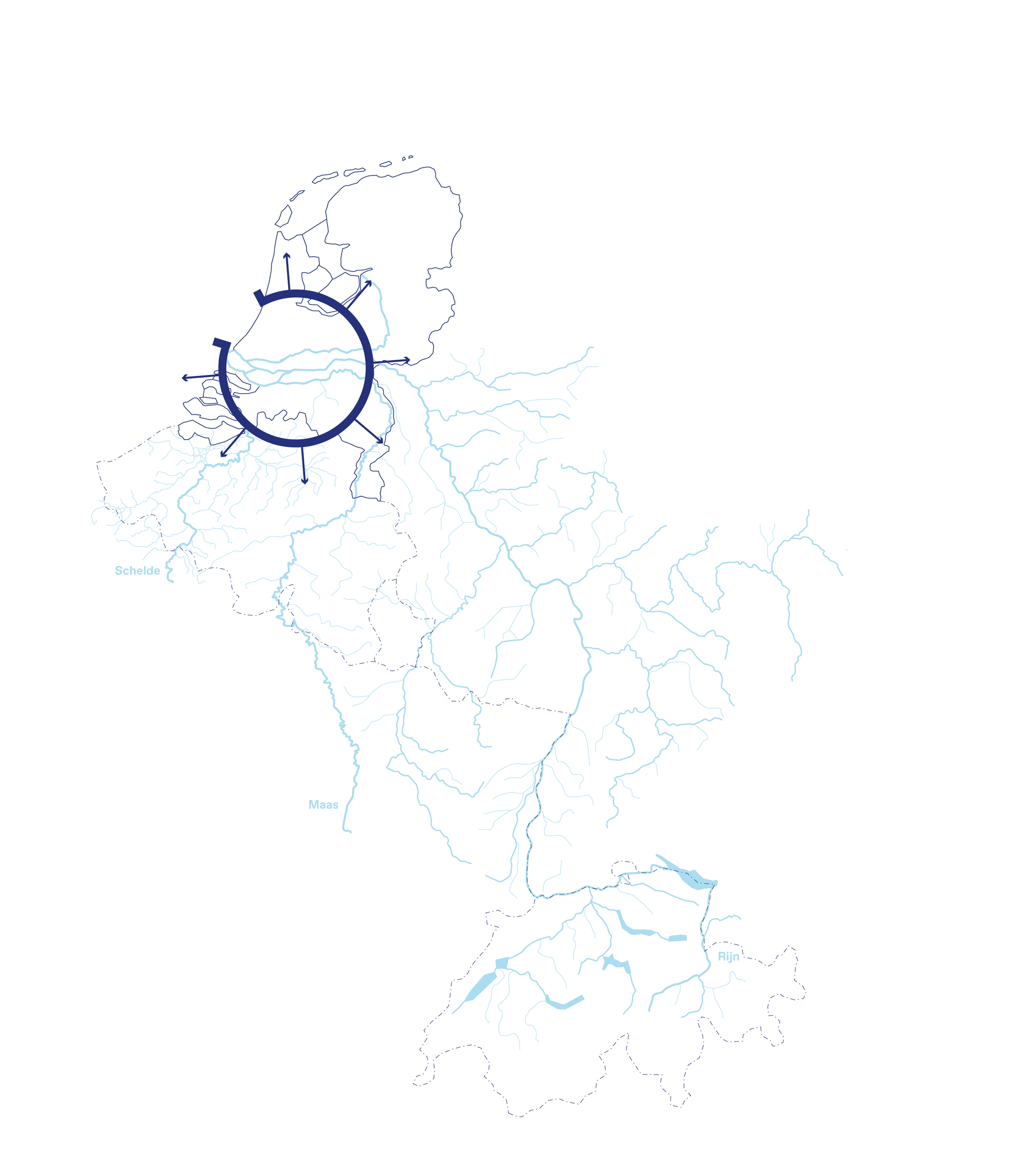 Globale positie van de doorsnede van de Nederlandse delta, kijkend naar de stroomgebieden van Rijn, Maas en Schelde.